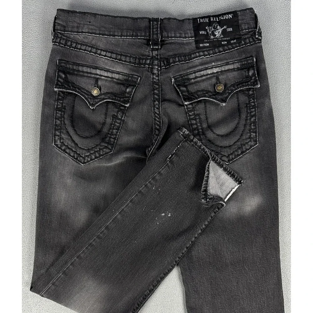 True Religion Jeans 33x33 Black Geno Relaxed Slim Faded Distressed Flap Pocket